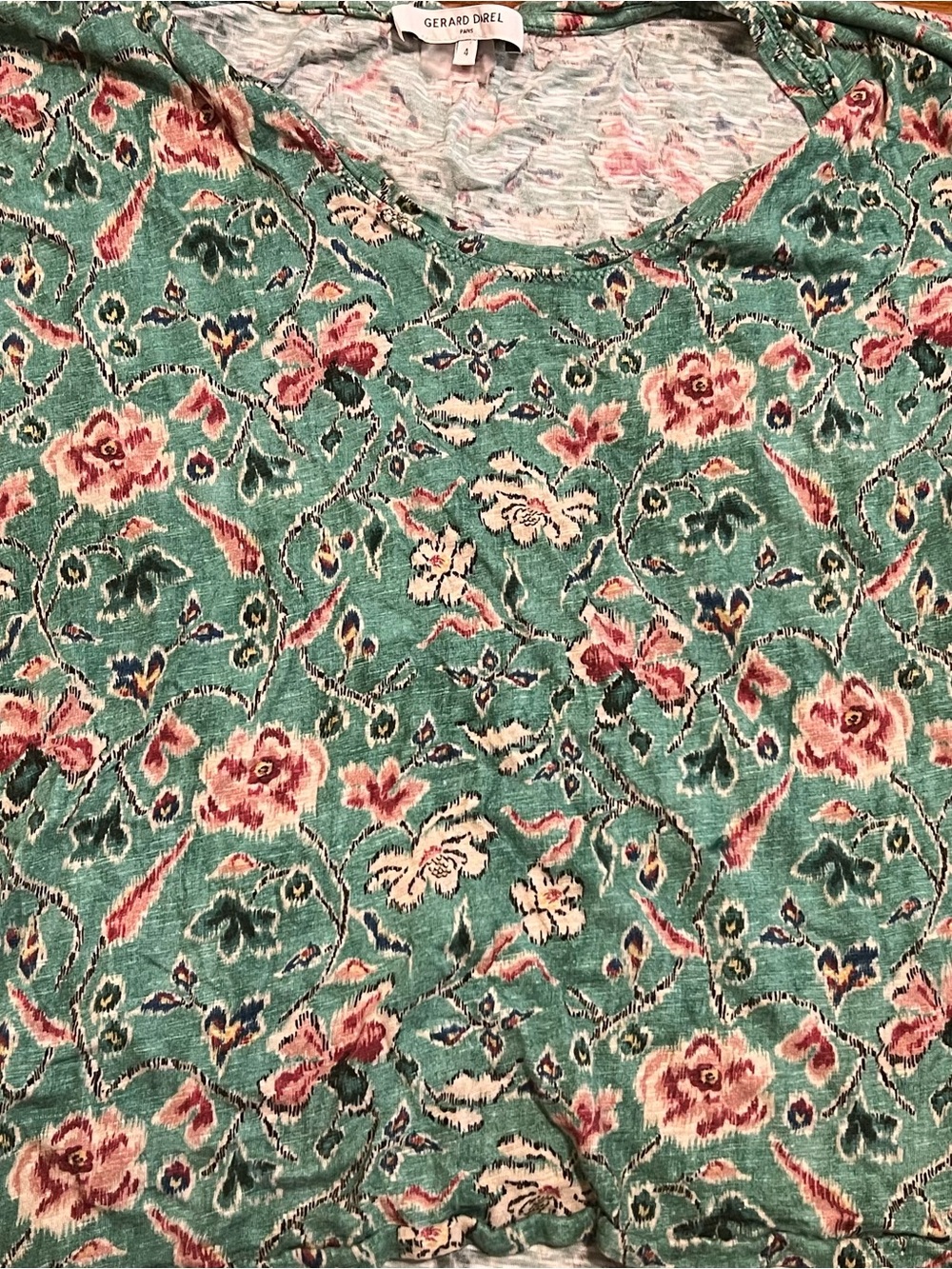 Gerard Darel Teal Floral Scoop Neck Short Sleeve Top